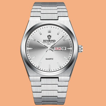 Silver sport watch with quartz movement and calendar function