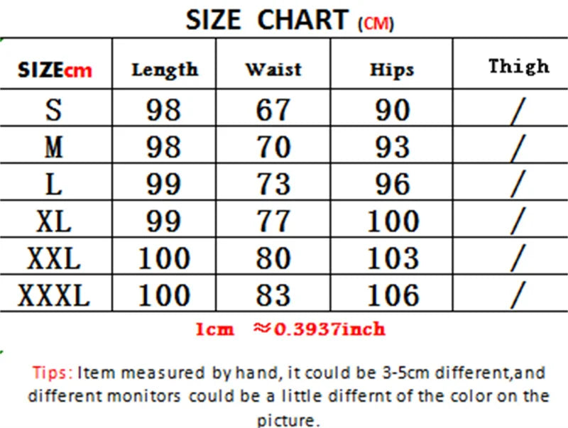 Size chart in centimeters for clothing measurements with dimensions listed.