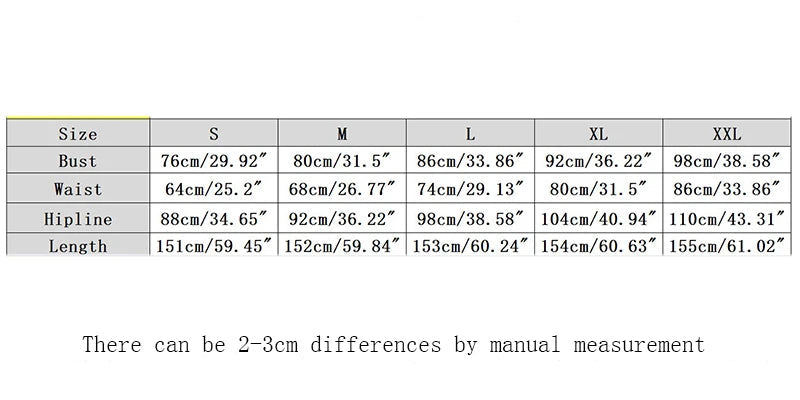 Size chart with measurements for clothing sizes S to XXL, including bust, waist, hip, and length dimensions, with text about shipping and ordering information.