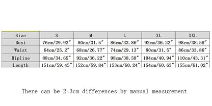 Size chart with measurements for clothing sizes S to XXL, including bust, waist, hip, and length dimensions, with text about shipping and ordering information.