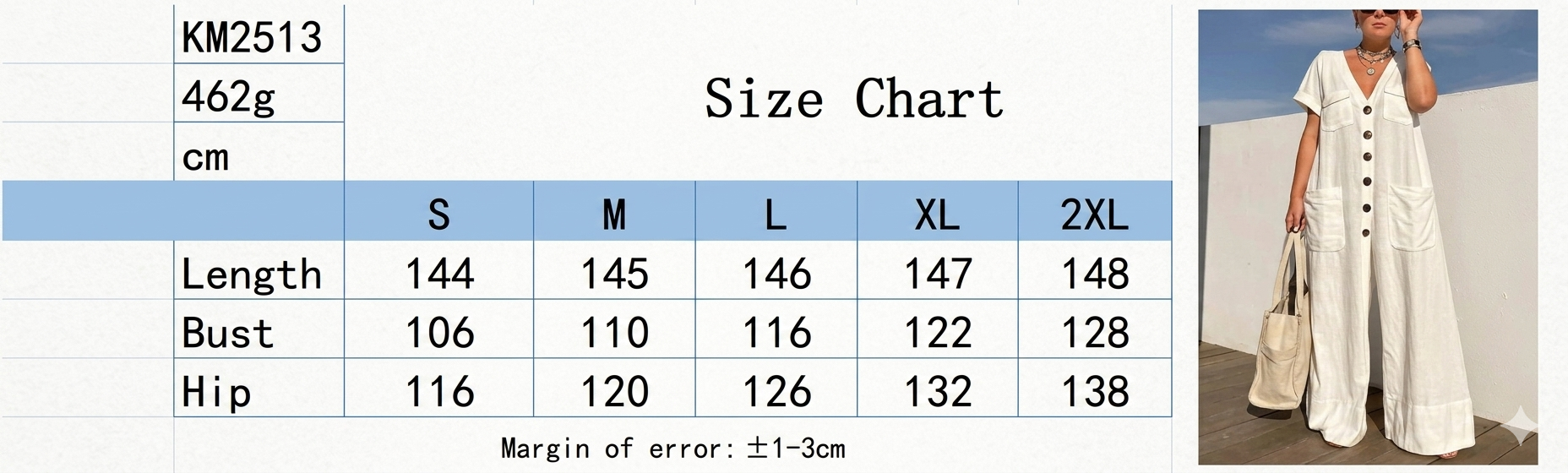 Size chart for a garment with a model wearing a long white dress on the right.