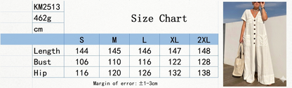 Size chart for a garment with a model wearing a long white dress on the right.