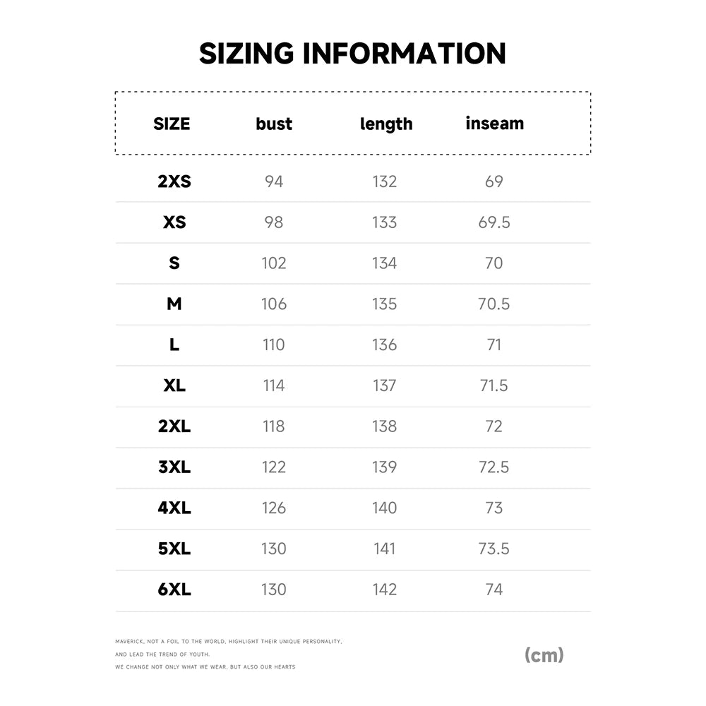 Sizing chart for clothing with size, bust, length, and inseam measurements.