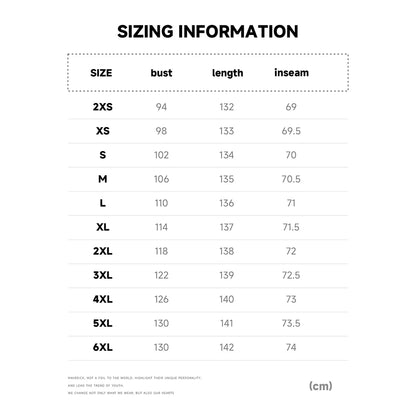Sizing chart for clothing with size, bust, length, and inseam measurements.