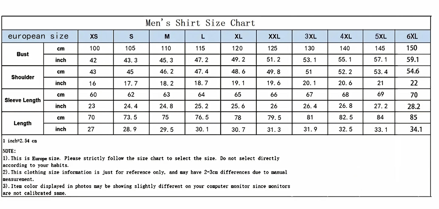 Men's shirt size chart with European size labels and measurements.