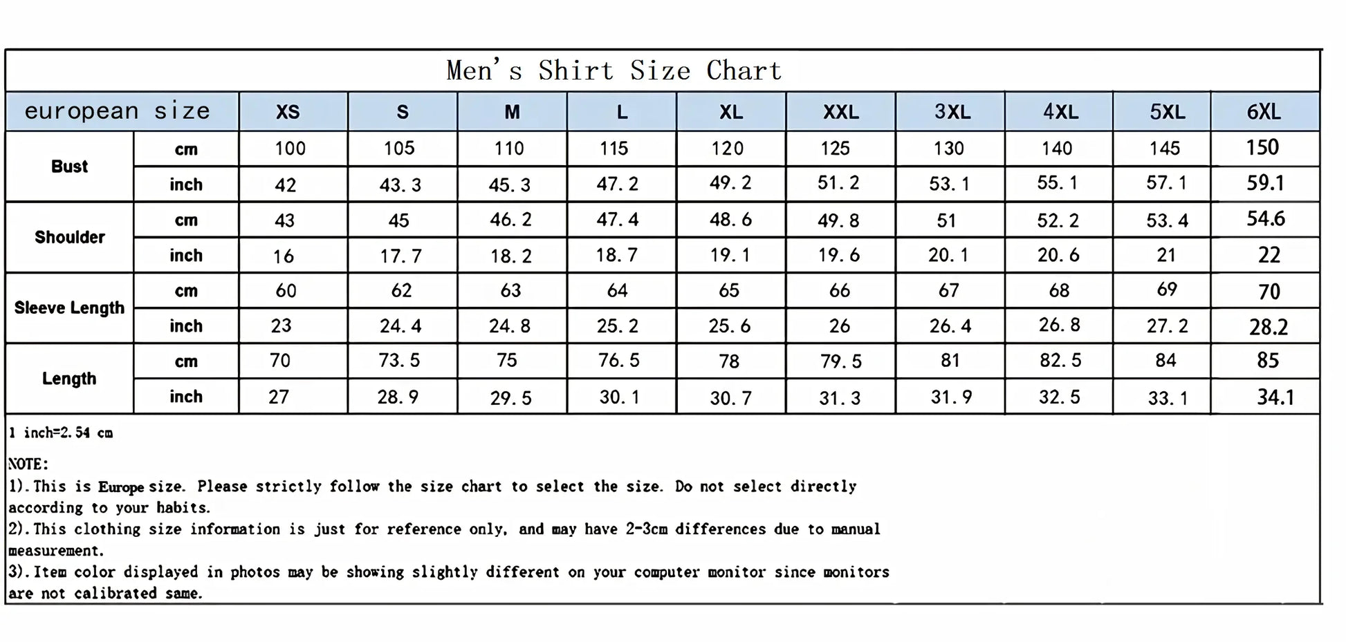 Men's shirt size chart with European size labels and measurements.