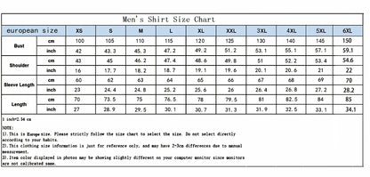 Men's shirt size chart with European size labels and measurements.