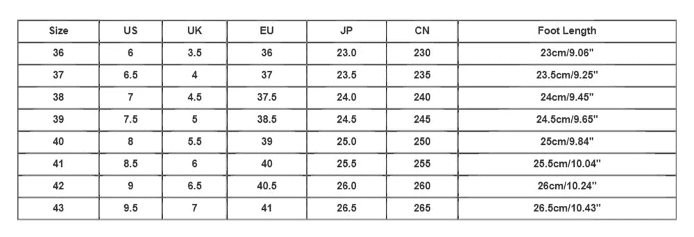 Table showing size conversions between US, UK, EU, JP, and CN shoe sizes with foot length measurements.