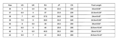 Table showing size conversions between US, UK, EU, JP, and CN shoe sizes with foot length measurements.