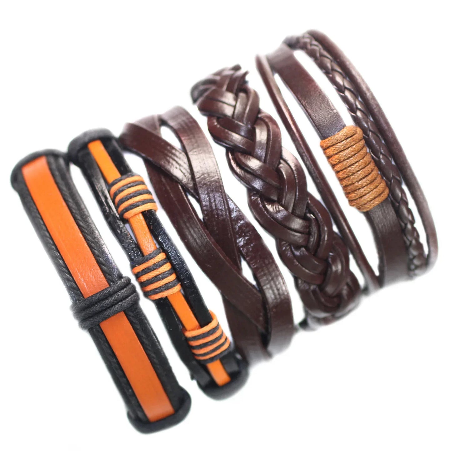 Set of leather bracelets with different designs on a white background