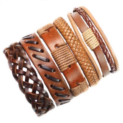 Set of brown leather bracelets with various patterns on a white background