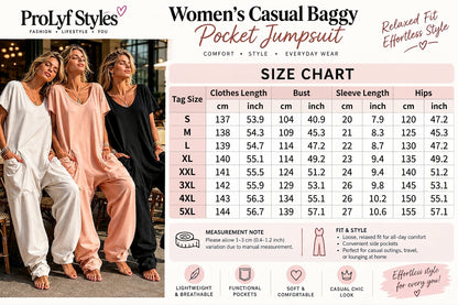 A promotional size chart graphic for the ProLyf Styles Women's Casual Baggy Pocket Jumpsuit. The top half features a lifestyle photo of four women modeling the jumpsuit in a warm-toned indoor setting, while the bottom half contains a detailed size chart table from S to 5XL with measurements in centimeters and inches, along with fit style icons and product features.