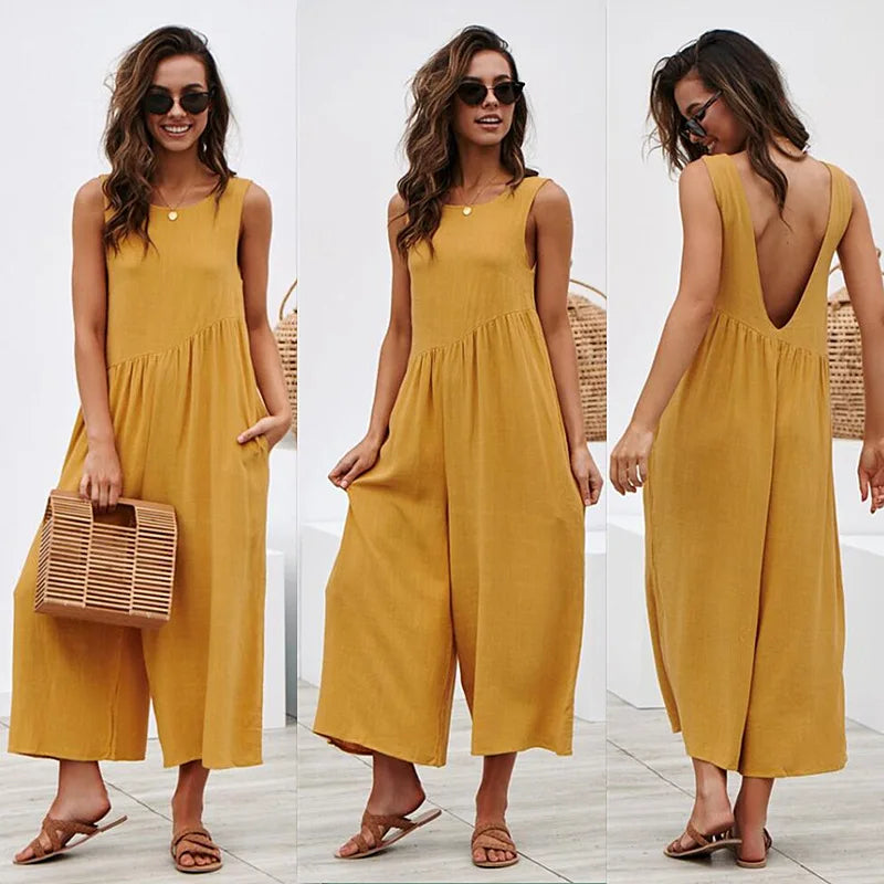 Casual Style V-Back Jumpsuit in mustard yellow.