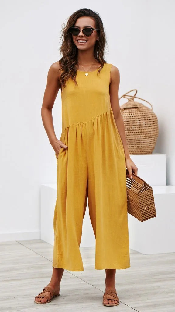 Casual Style V-Back Jumpsuit in mustard yellow.