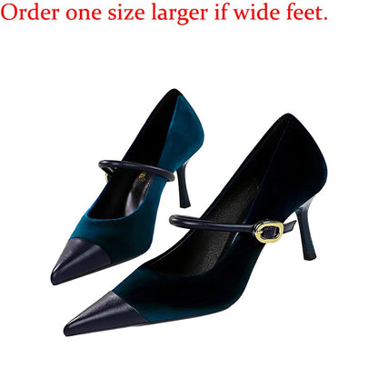 Pair of high-heeled shoes with a strap on a white background, accompanied by text advising to order one size larger for wide feet.