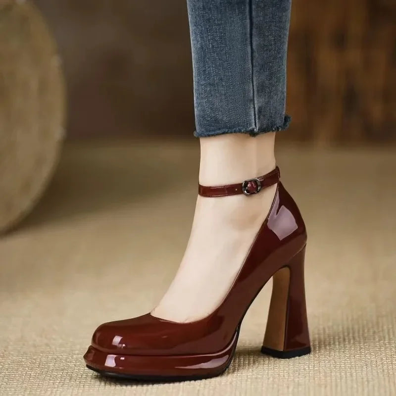 Black and brown chunky high heels close-up