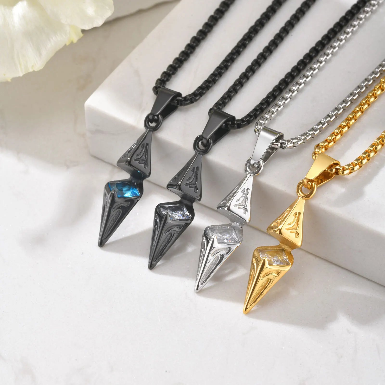 Arrow spike crystal pendant necklace in silver, gold, and black by ProLyfStyles