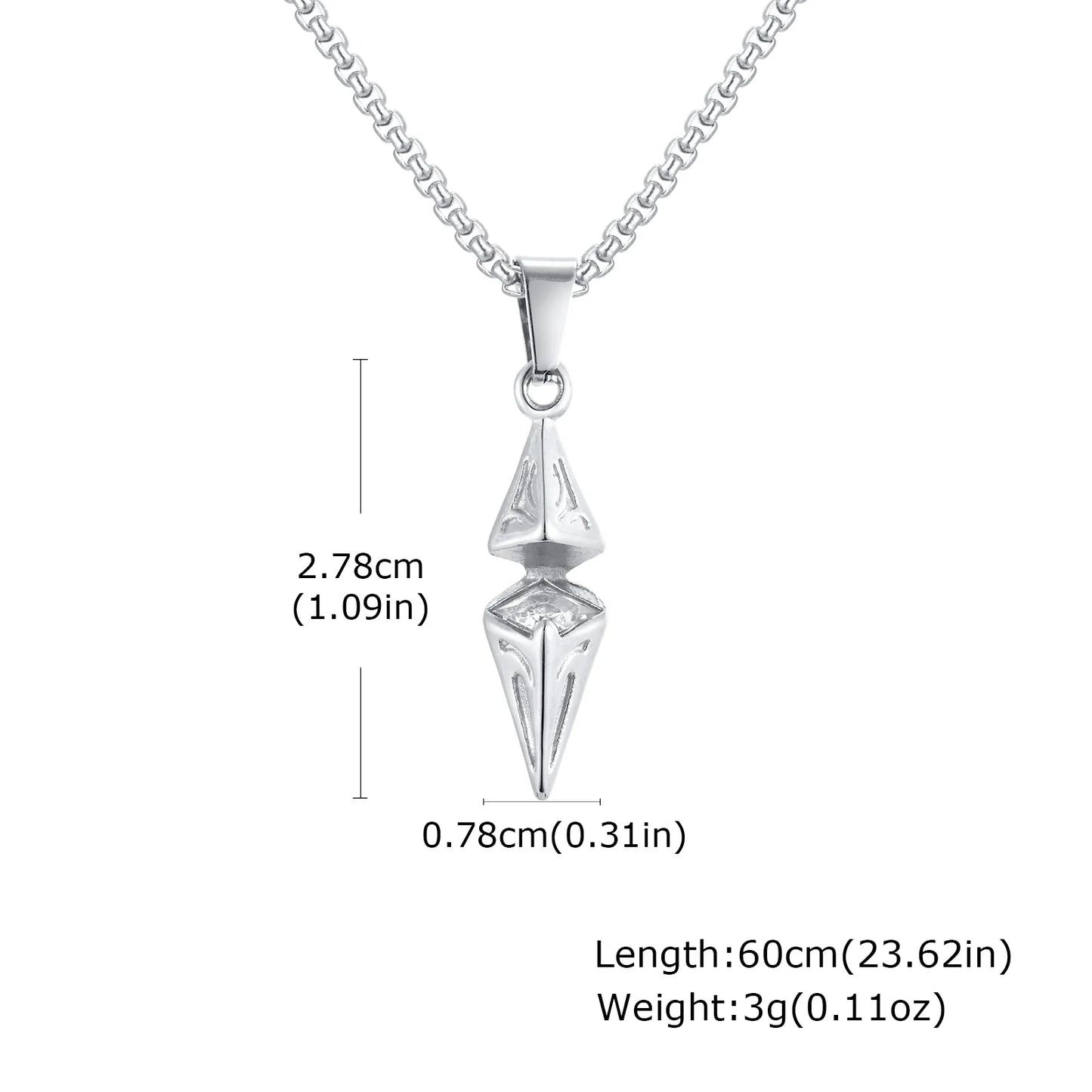 Dimensions of arrow spike pendant: 2.78cm height, 0.78cm width, 60cm chain length