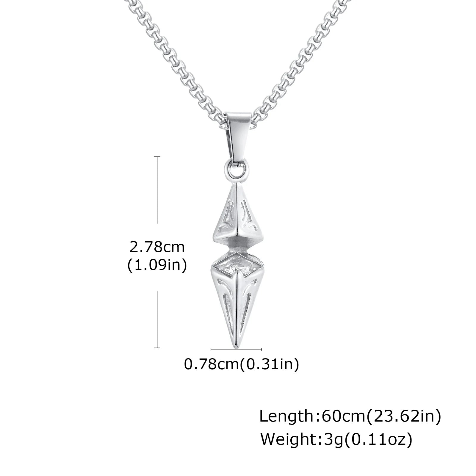 Dimensions of arrow spike pendant: 2.78cm height, 0.78cm width, 60cm chain length