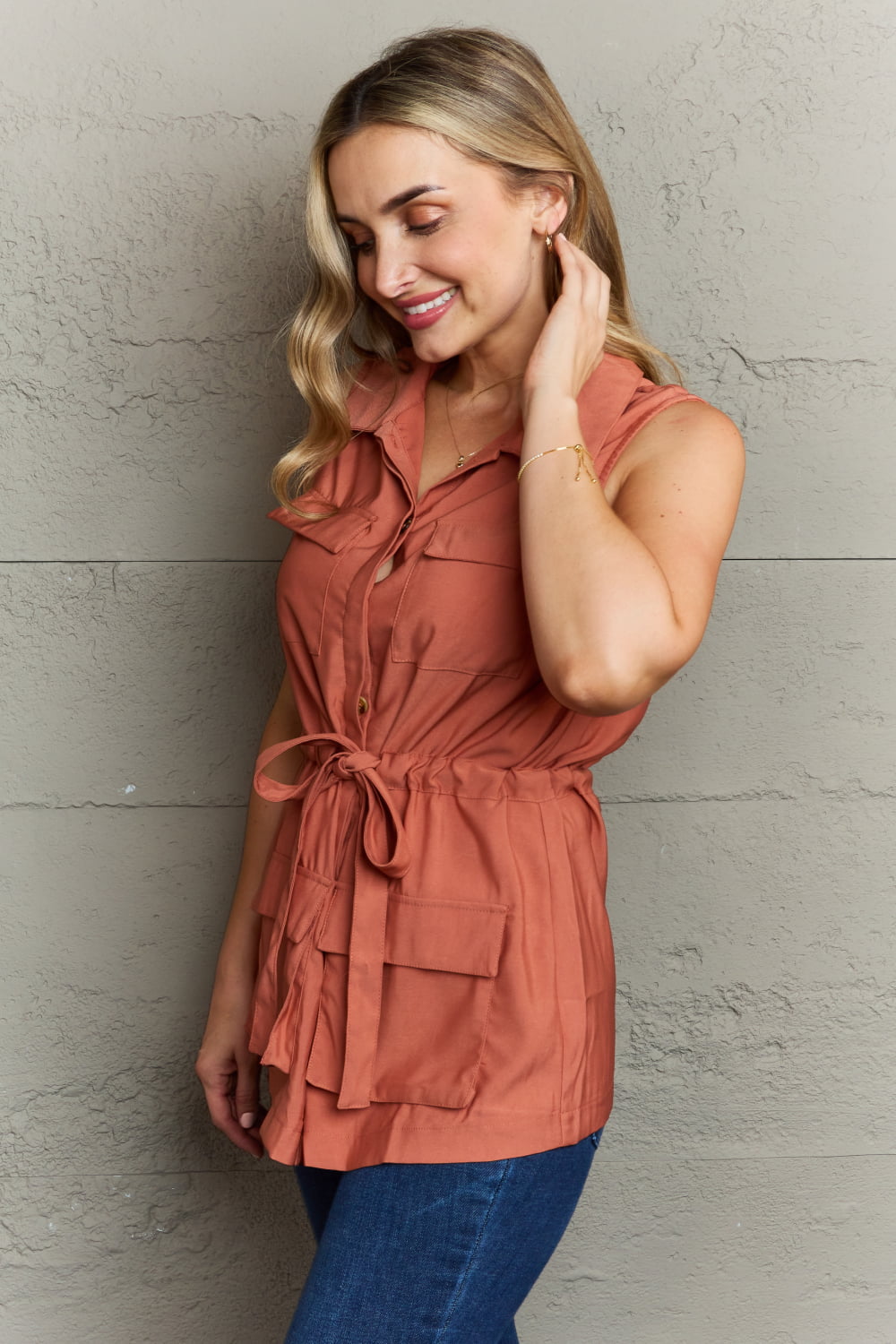 Red Sleeveless Collared Button Down Top