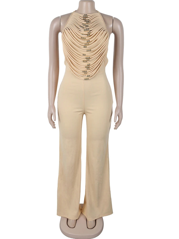 Beaded palazzo jumpsuit in champagne, ruched halter front, full length