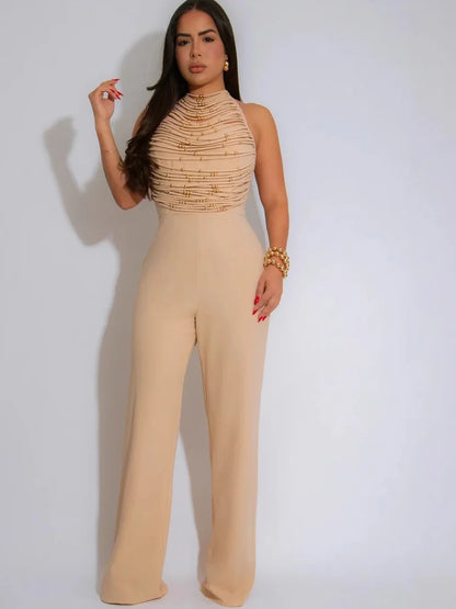 Bead detail macro on ruched halter, gold tone accents