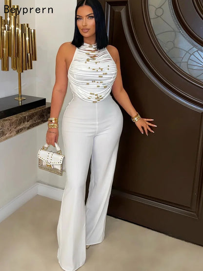 White beaded wide-leg jumpsuit on model, front view, halter neckline