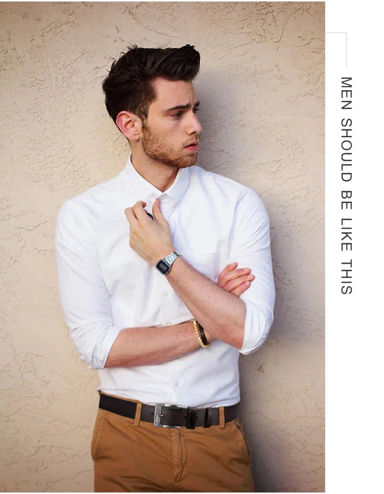 Black leather belt with refined polished buckle for dress or casual wear