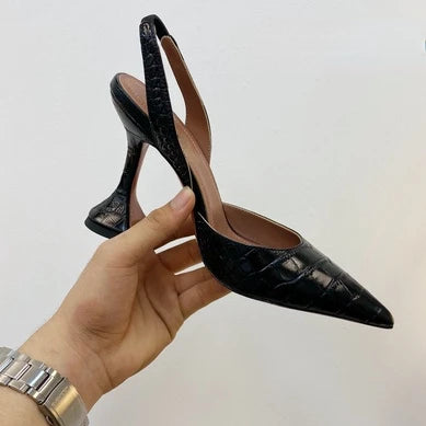 Black pointed toe stiletto sandals with 8cm heel and slingback closure