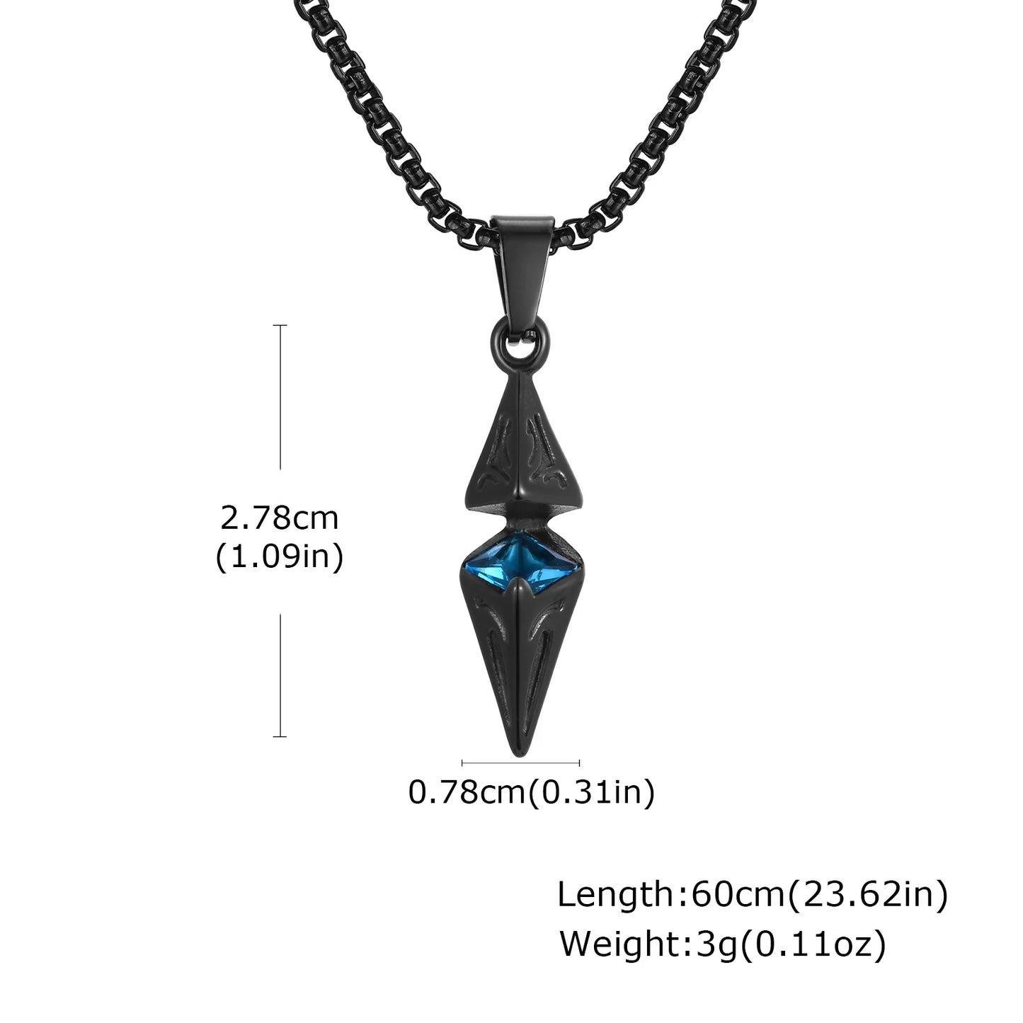 Dimensions of arrow spike pendant: 2.78cm height, 0.78cm width, 60cm chain length