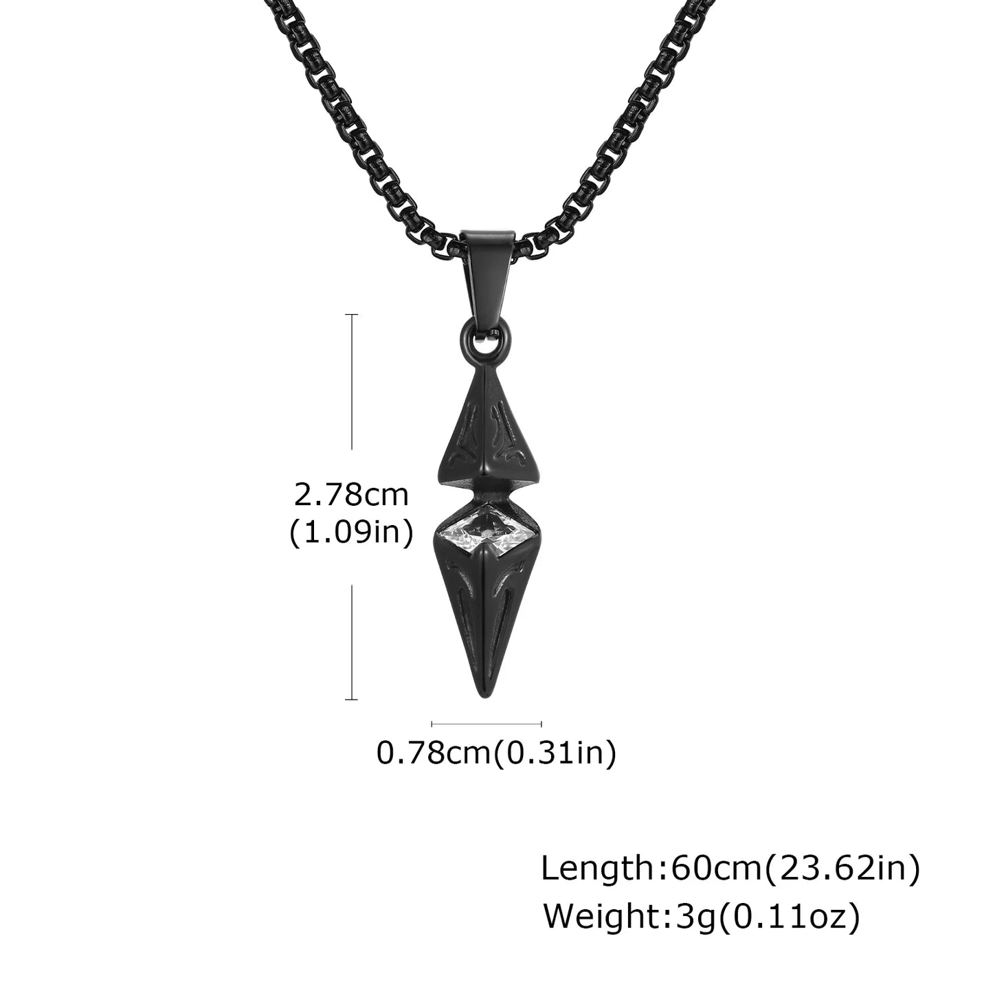 Dimensions of arrow spike pendant: 2.78cm height, 0.78cm width, 60cm chain length