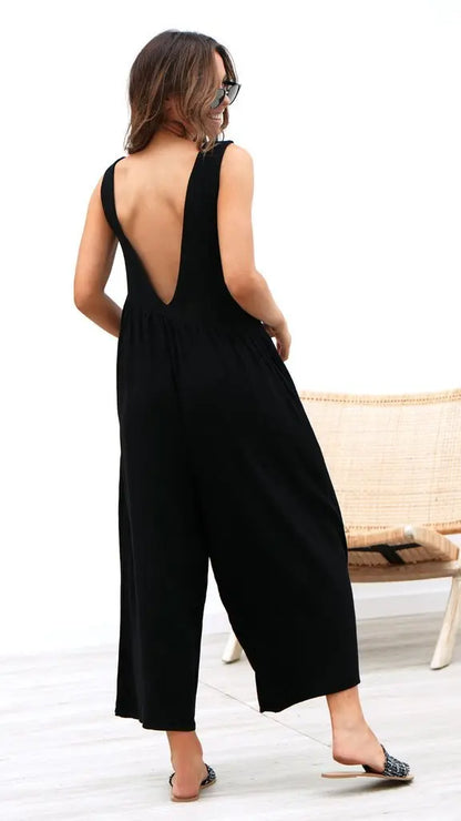 Sleeveless black wide-leg jumpsuit for women.