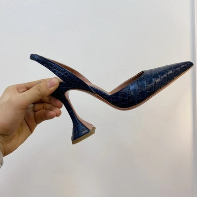 Blue elegant stiletto heels with slingback closure and pointed toe