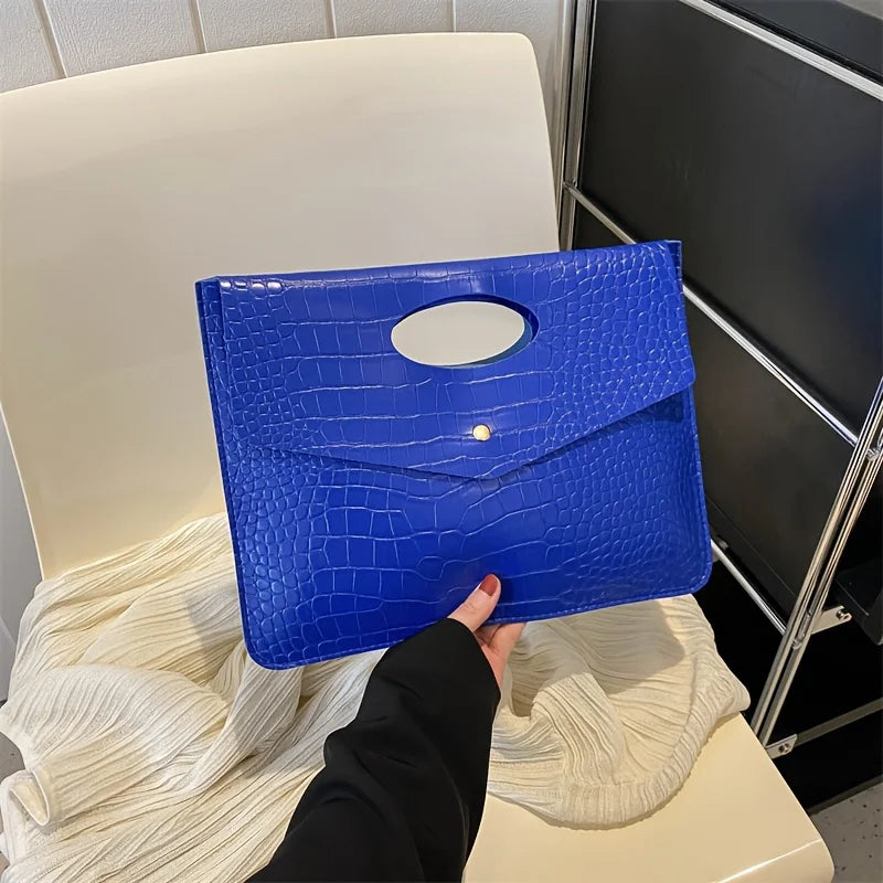 Blue Bold Envelope Evening Clutch featuring a crocodile-textured PU exterior and oval cutout handle.