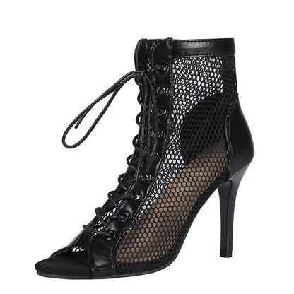 Black lace-up mesh high heels for women