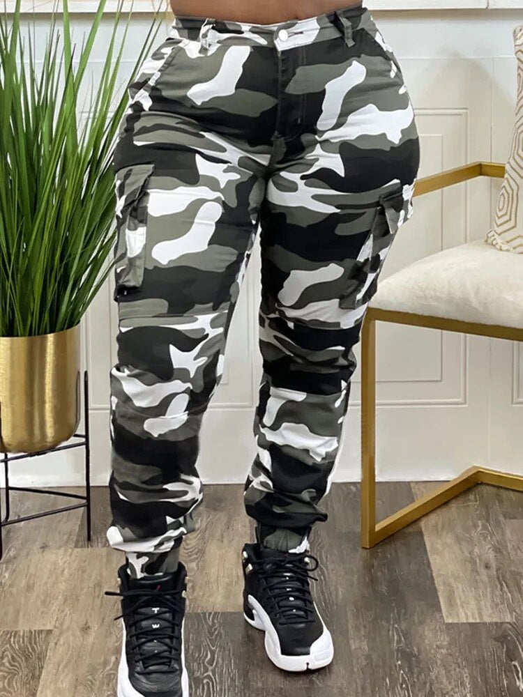 Trendy Camouflage Cargo Pants for Women with Sneakers