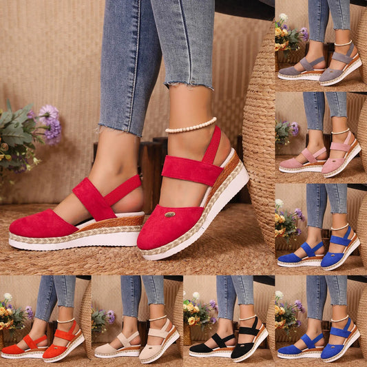 Casual chic gladiator wedges in grey, beige, watermelon red, and black