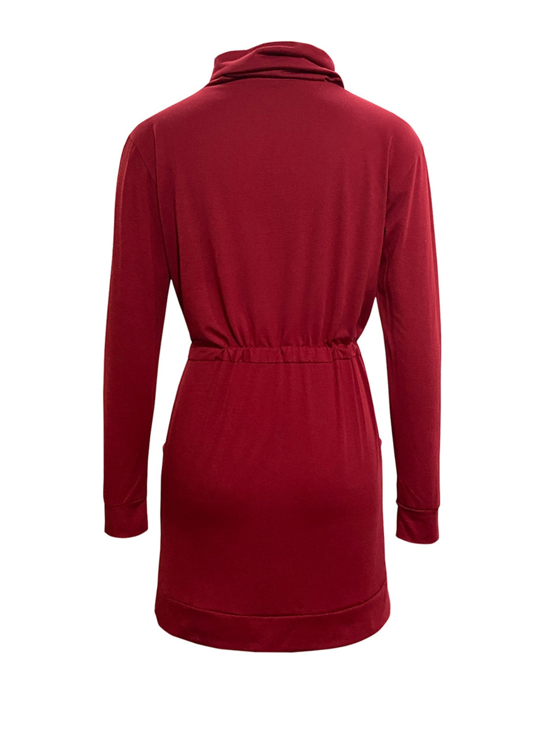 Drawstring Turtleneck Long Sleeve Mini Dress Burgundy / M