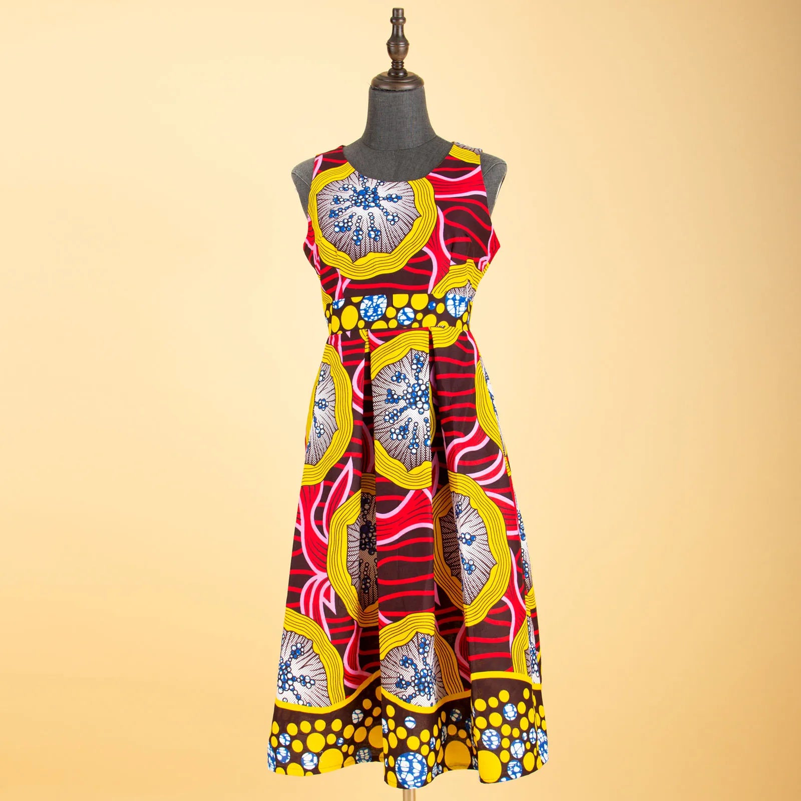 Sleeveless African print dress with bold patterns