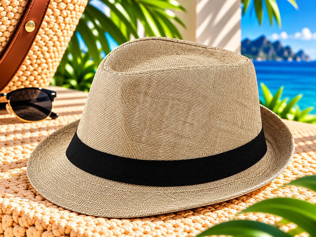 Natural beige woven fedora hat with a wide black ribbon band and curved brim, displayed on a sunlit tropical resort terrace beside a straw tote and sunglasses, with palm greenery and ocean views.