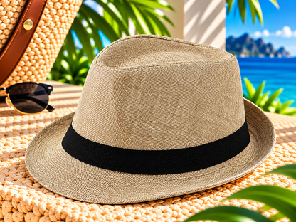 Natural beige woven fedora hat with a wide black ribbon band and curved brim, displayed on a sunlit tropical resort terrace beside a straw tote and sunglasses, with palm greenery and ocean views.