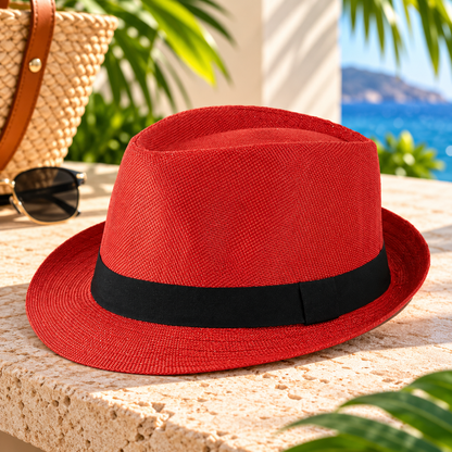 Bright red woven fedora hat with a black fabric band and short curved brim, displayed on a sunlit natural stone surface with tropical greenery, sunglasses, and an ocean-view resort background.