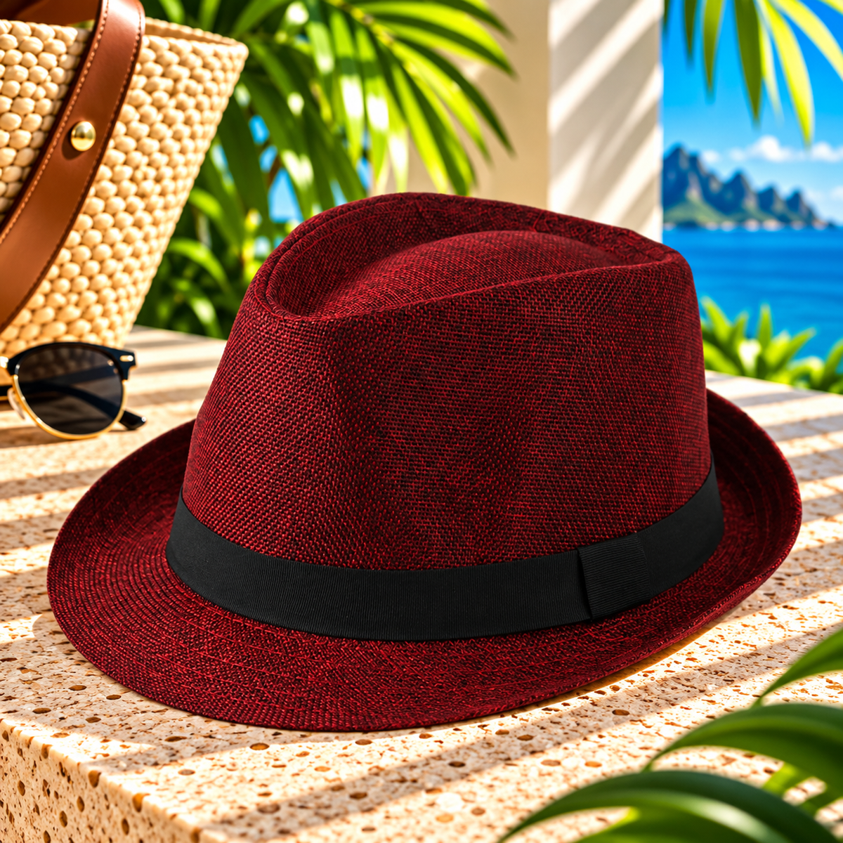 Deep burgundy woven fedora hat with black ribbon band, pinched crown and curved brim, displayed on a sunlit tropical resort terrace beside a woven tote and sunglasses, with palm greenery and ocean views.