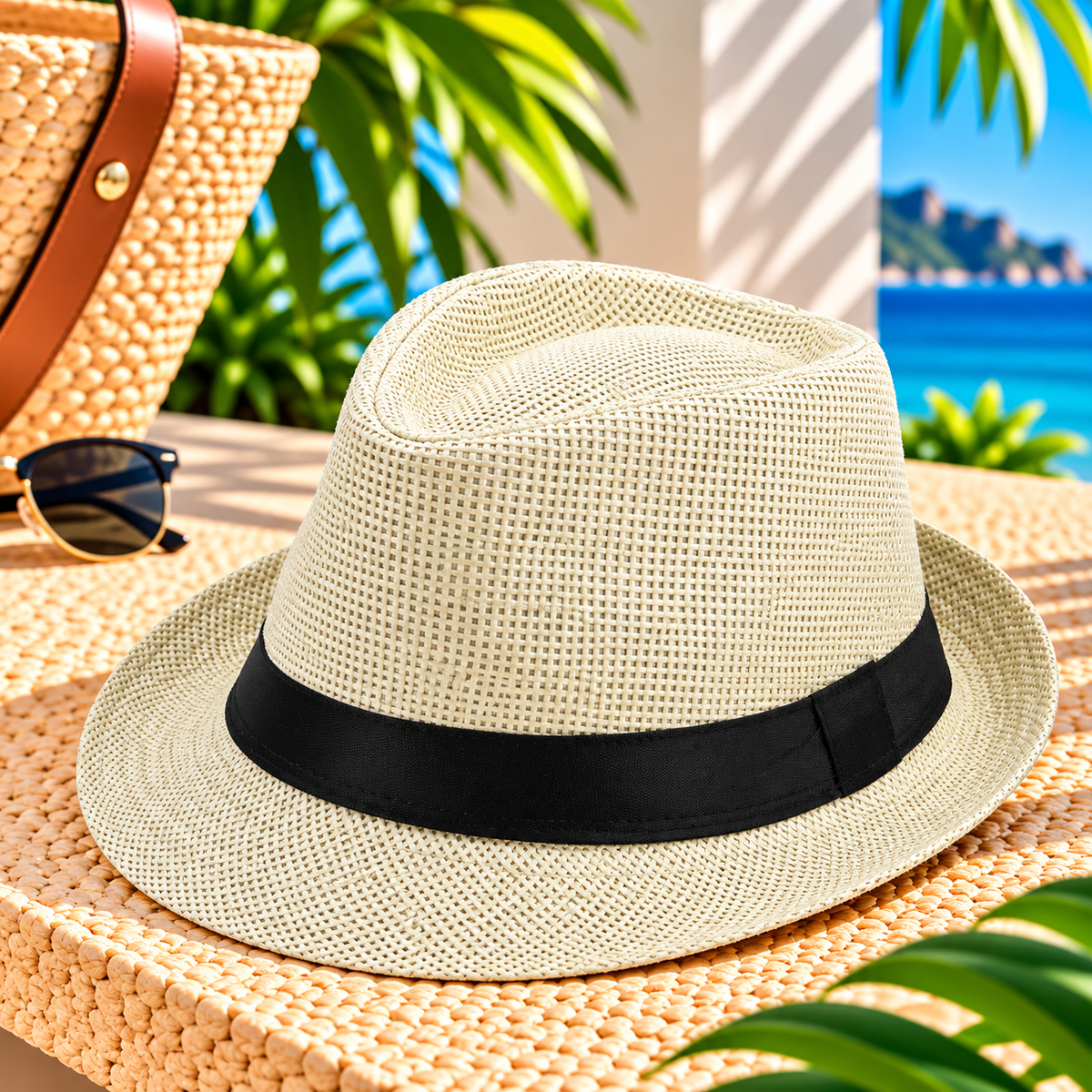Light cream woven fedora hat with black ribbon band and curved brim, styled on a sunny tropical resort terrace with a straw beach tote, sunglasses, palm greenery, and blue ocean views.