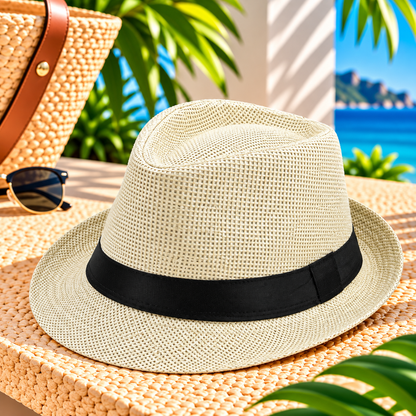 Light cream woven fedora hat with black ribbon band and curved brim, styled on a sunny tropical resort terrace with a straw beach tote, sunglasses, palm greenery, and blue ocean views.