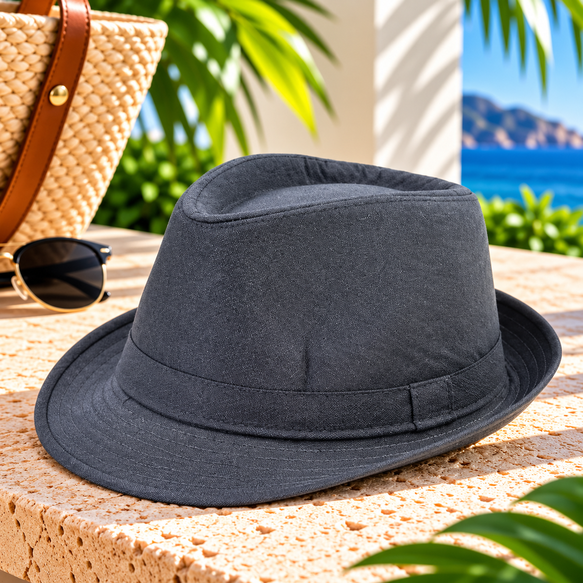 Charcoal gray fedora hat with a matching stitched fabric band and short curved brim, displayed on a sunlit stone surface beside a woven handbag and sunglasses, with tropical greenery and blue ocean scenery.