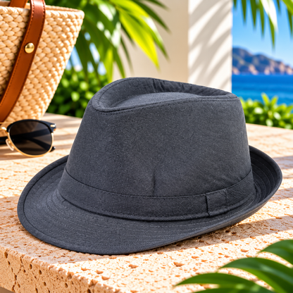 Charcoal gray fedora hat with a matching stitched fabric band and short curved brim, displayed on a sunlit stone surface beside a woven handbag and sunglasses, with tropical greenery and blue ocean scenery.