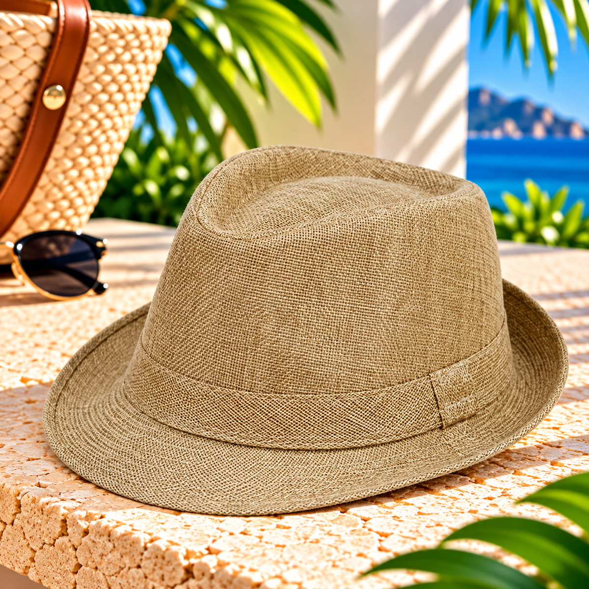 Khaki woven fedora hat with matching fabric band, pinched crown and short curved brim on a sunlit stone terrace beside a straw beach bag and sunglasses, with tropical greenery and blue ocean in the background.