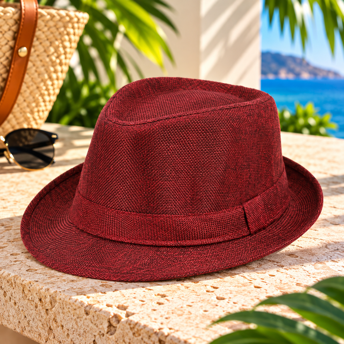 Wine-red woven fedora hat with a matching fabric band and short curved brim, displayed on a sunlit stone surface beside a woven resort handbag, sunglasses, and tropical ocean scenery.
