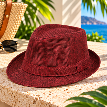 Wine-red woven fedora hat with a matching fabric band and short curved brim, displayed on a sunlit stone surface beside a woven resort handbag, sunglasses, and tropical ocean scenery.